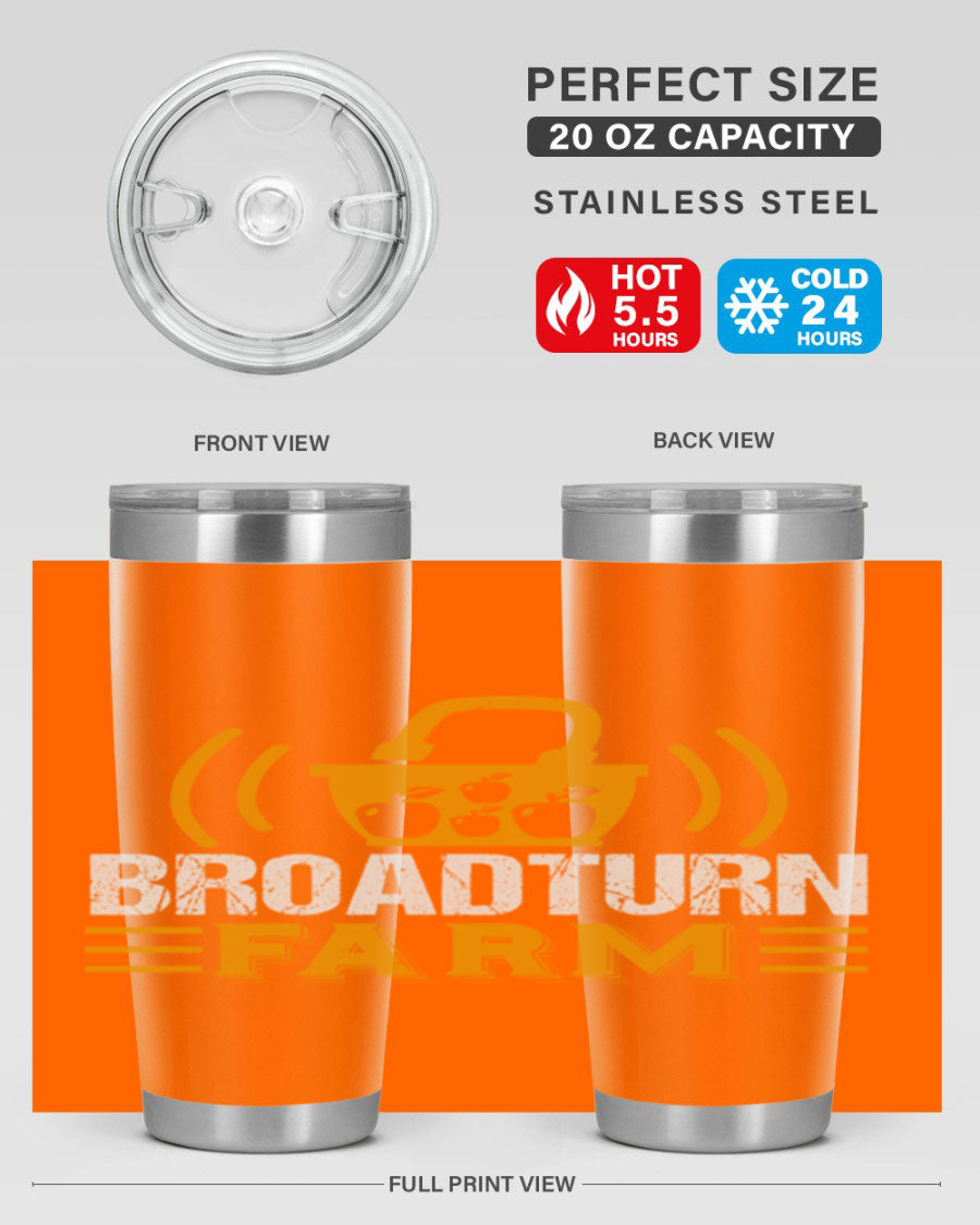 Broadturn Farm 20oz Tumbler made of stainless steel with a copper lining, featuring a drink-thru lid, ideal for hot and cold beverages.