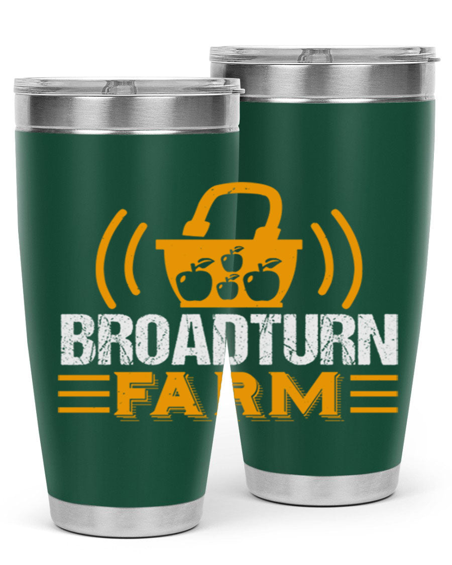 Broadturn Farm 20oz Tumbler made of stainless steel with a copper lining, featuring a drink-thru lid, ideal for hot and cold beverages.