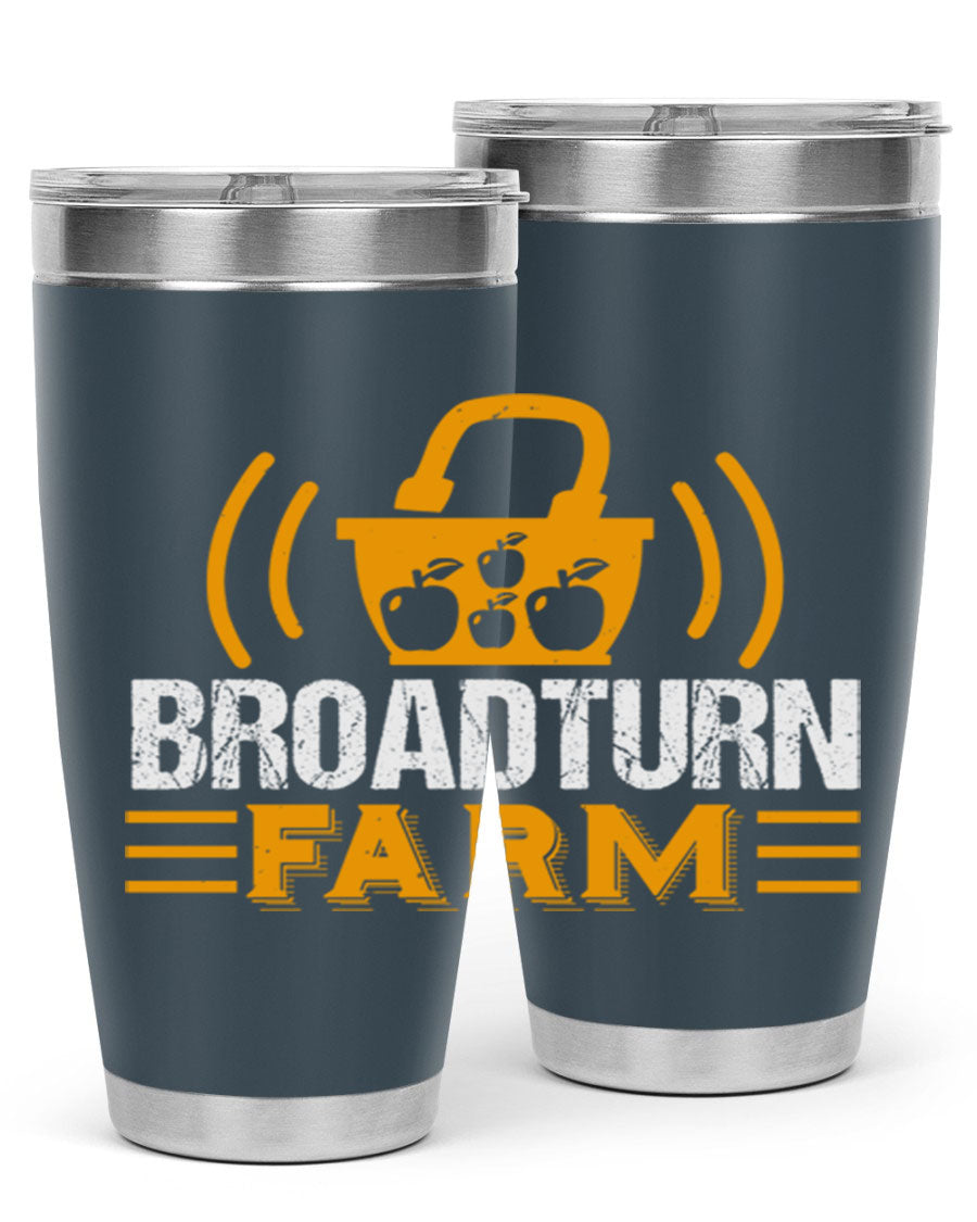 Broadturn Farm 20oz Tumbler made of stainless steel with a copper lining, featuring a drink-thru lid, ideal for hot and cold beverages.