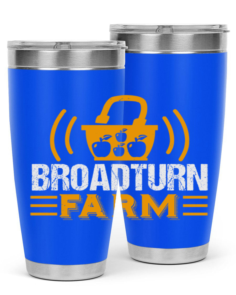 Broadturn Farm 20oz Tumbler made of stainless steel with a copper lining, featuring a drink-thru lid, ideal for hot and cold beverages.