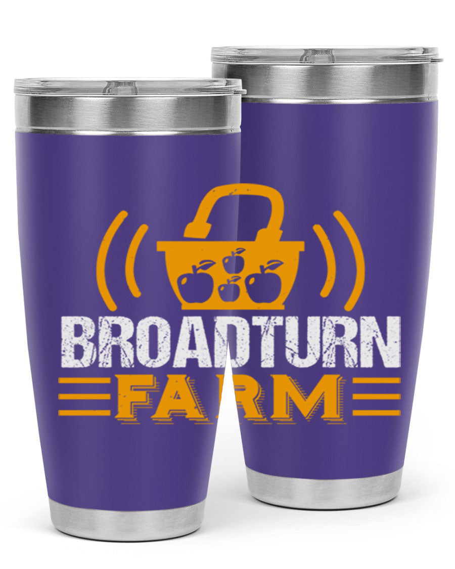 Broadturn Farm 20oz Tumbler made of stainless steel with a copper lining, featuring a drink-thru lid, ideal for hot and cold beverages.