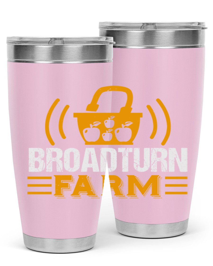 Broadturn Farm 20oz Tumbler made of stainless steel with a copper lining, featuring a drink-thru lid, ideal for hot and cold beverages.