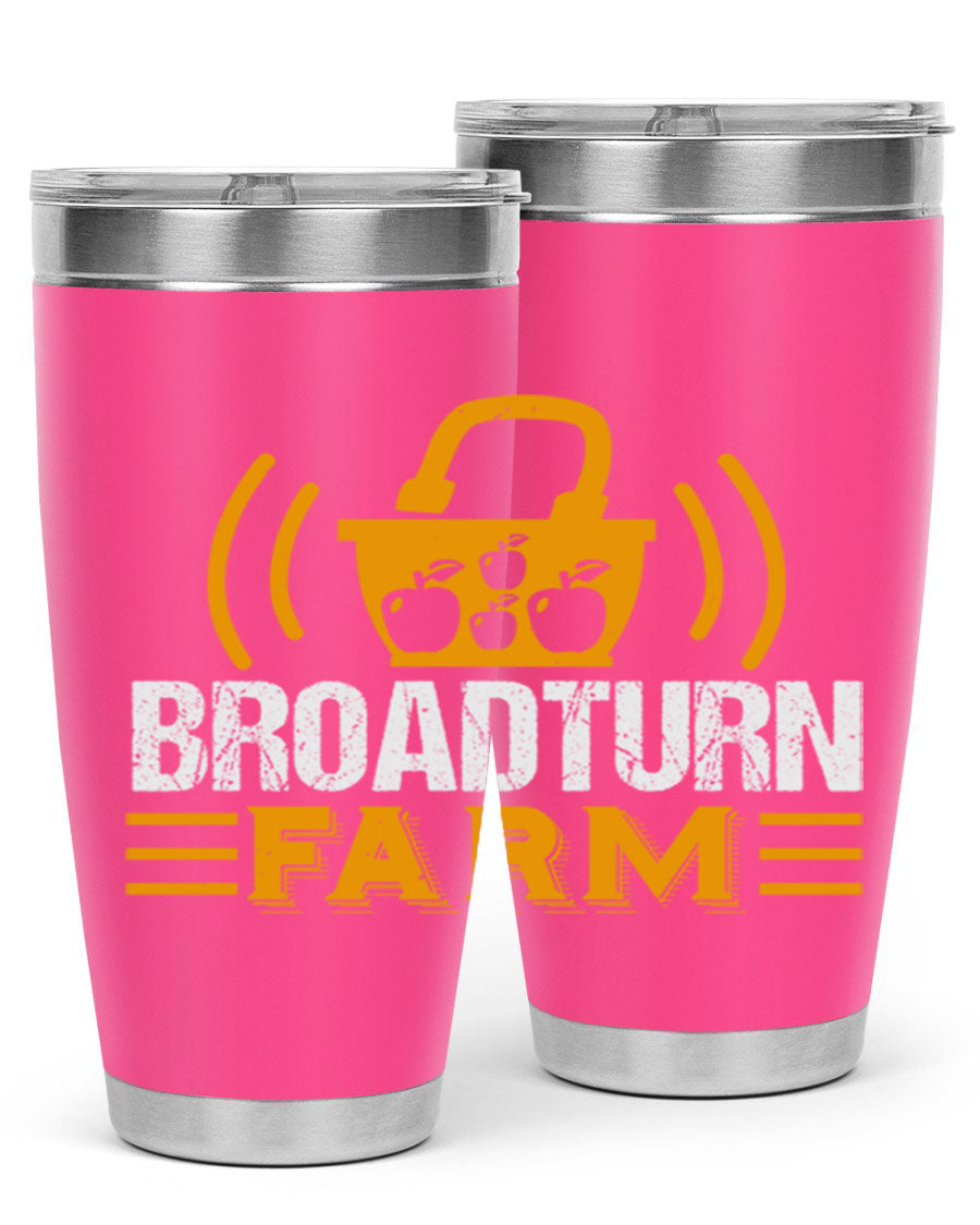 Broadturn Farm 20oz Tumbler made of stainless steel with a copper lining, featuring a drink-thru lid, ideal for hot and cold beverages.