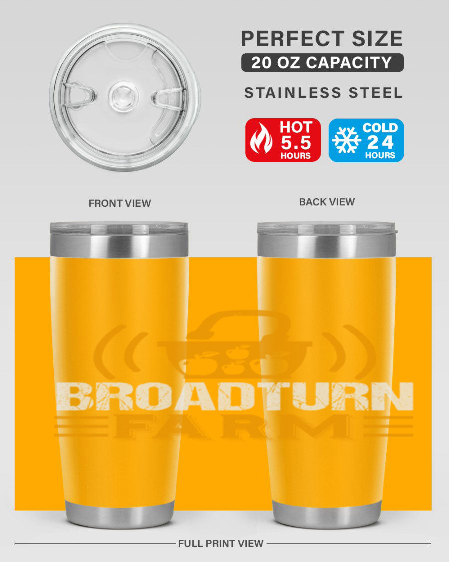 Broadturn Farm 20oz Tumbler made of stainless steel with a copper lining, featuring a drink-thru lid, ideal for hot and cold beverages.