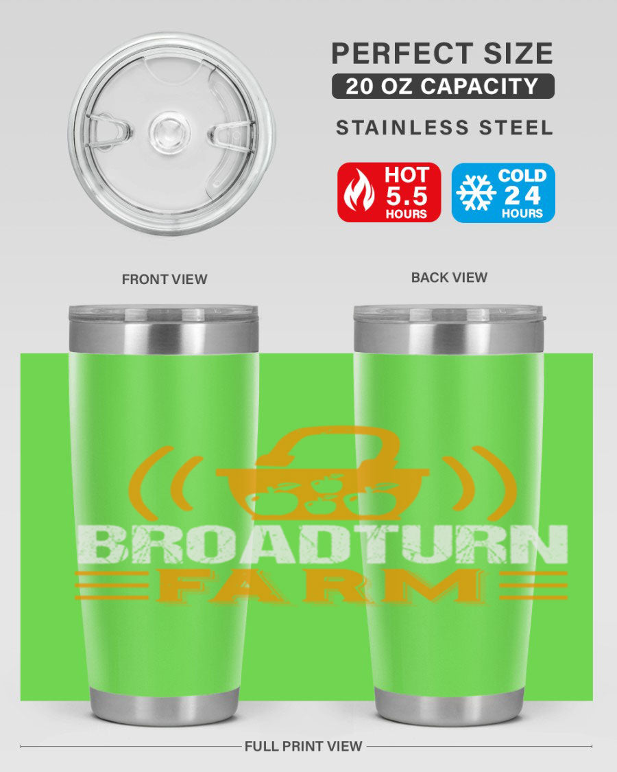 Broadturn Farm 20oz Tumbler made of stainless steel with a copper lining, featuring a drink-thru lid, ideal for hot and cold beverages.