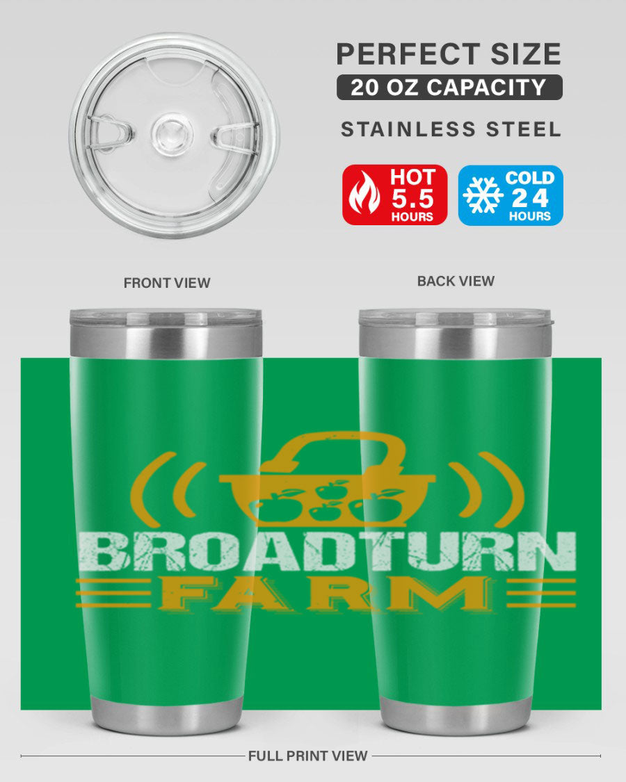 Broadturn Farm 20oz Tumbler made of stainless steel with a copper lining, featuring a drink-thru lid, ideal for hot and cold beverages.
