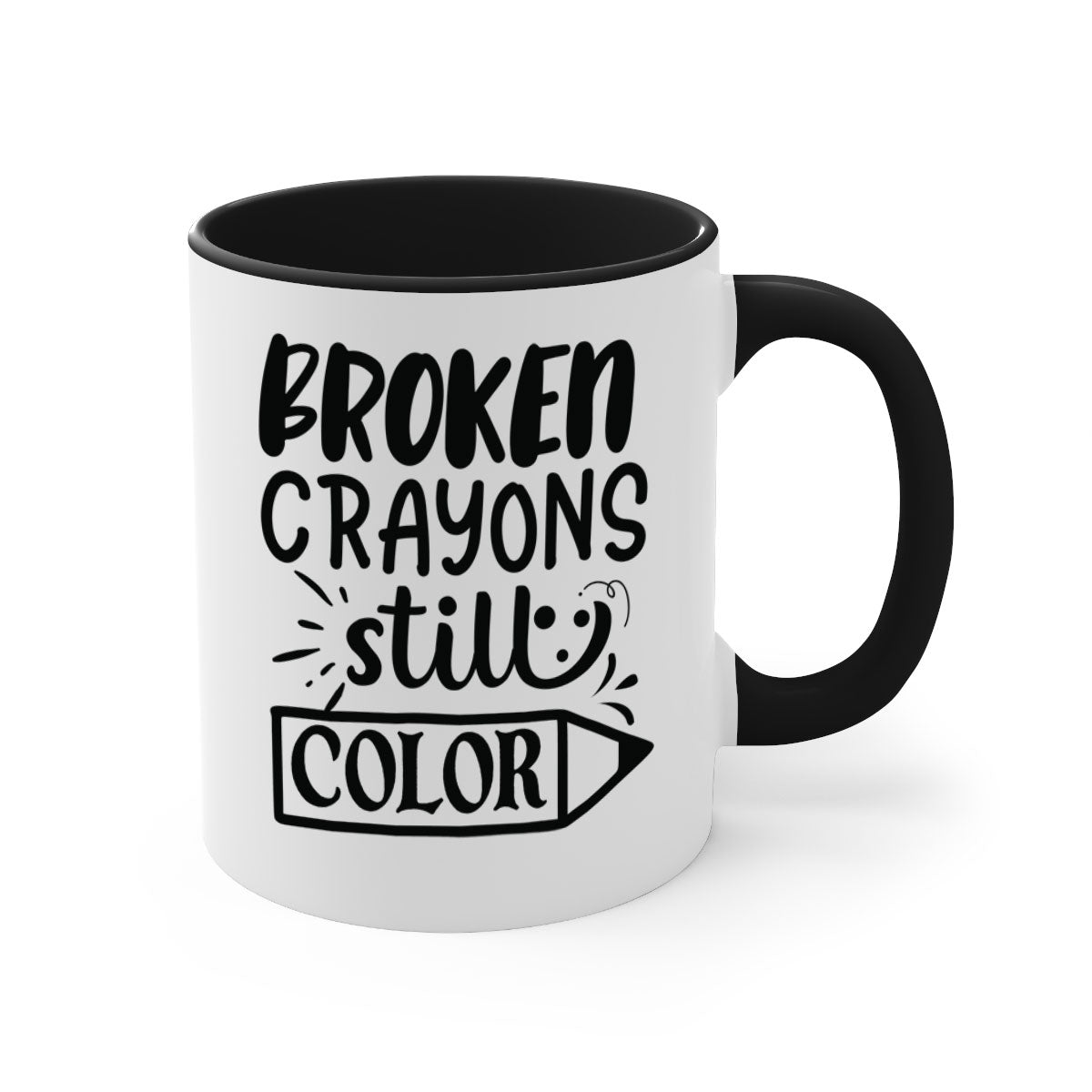Broken Crayons Still Color Mug with colorful handle and glossy finish, available in multiple colors and sizes.