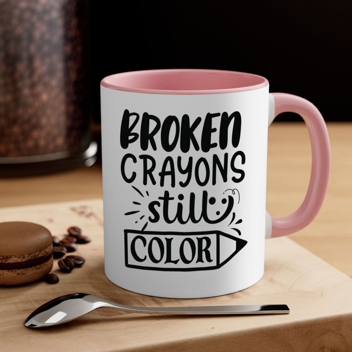 Broken Crayons Still Color Mug with colorful handle and glossy finish, available in multiple colors and sizes.