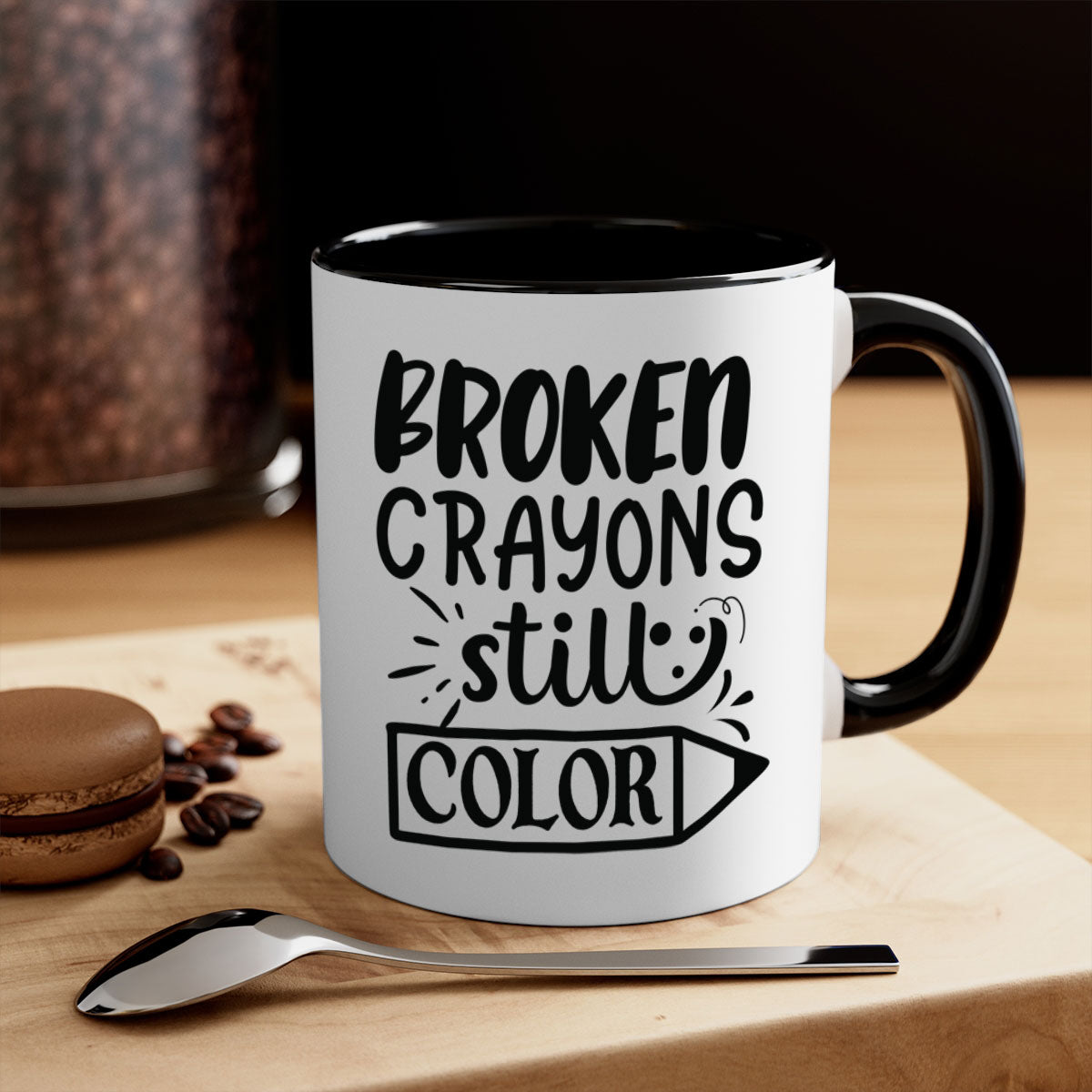 Broken Crayons Still Color Mug with colorful handle and glossy finish, available in multiple colors and sizes.