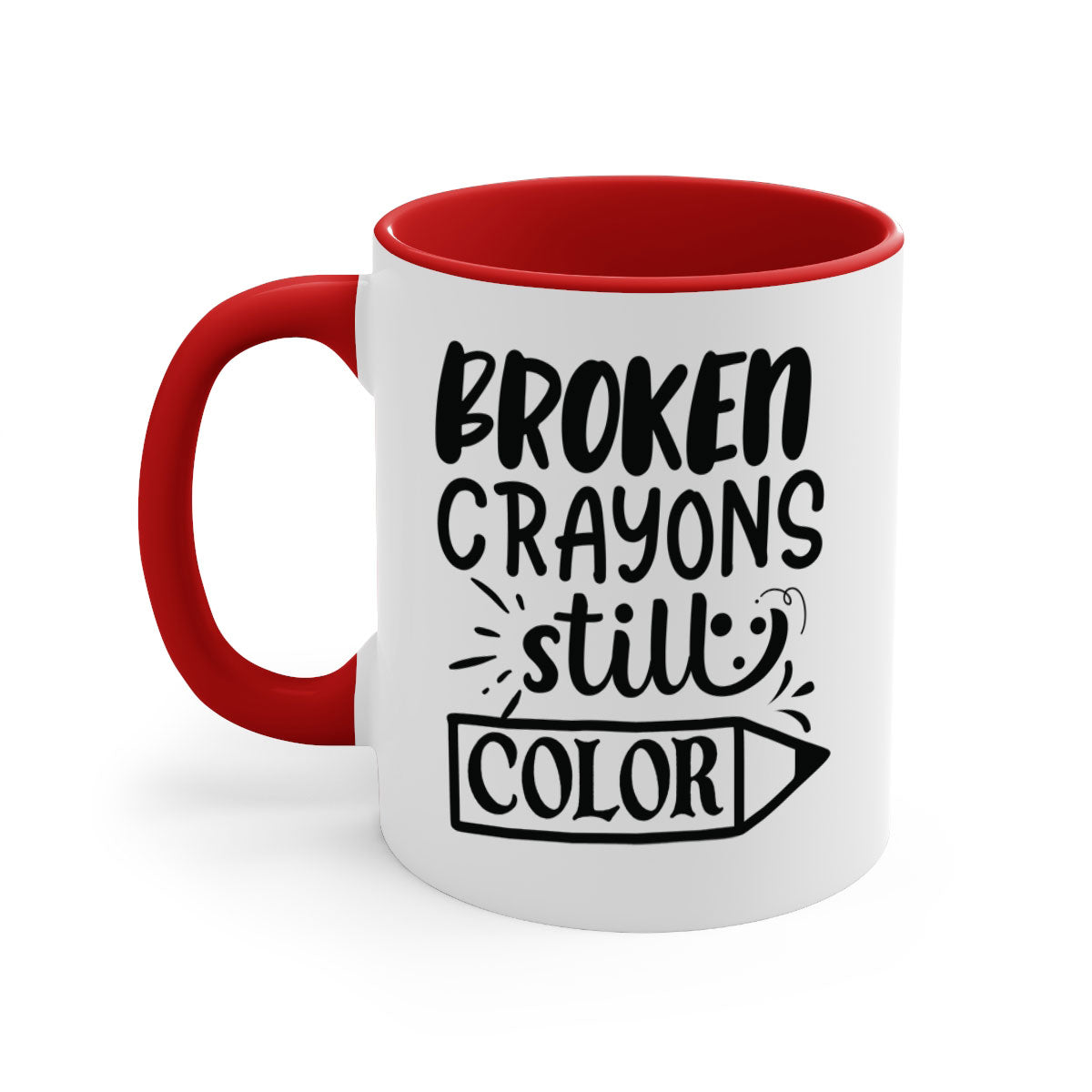 Broken Crayons Still Color Mug with colorful handle and glossy finish, available in multiple colors and sizes.