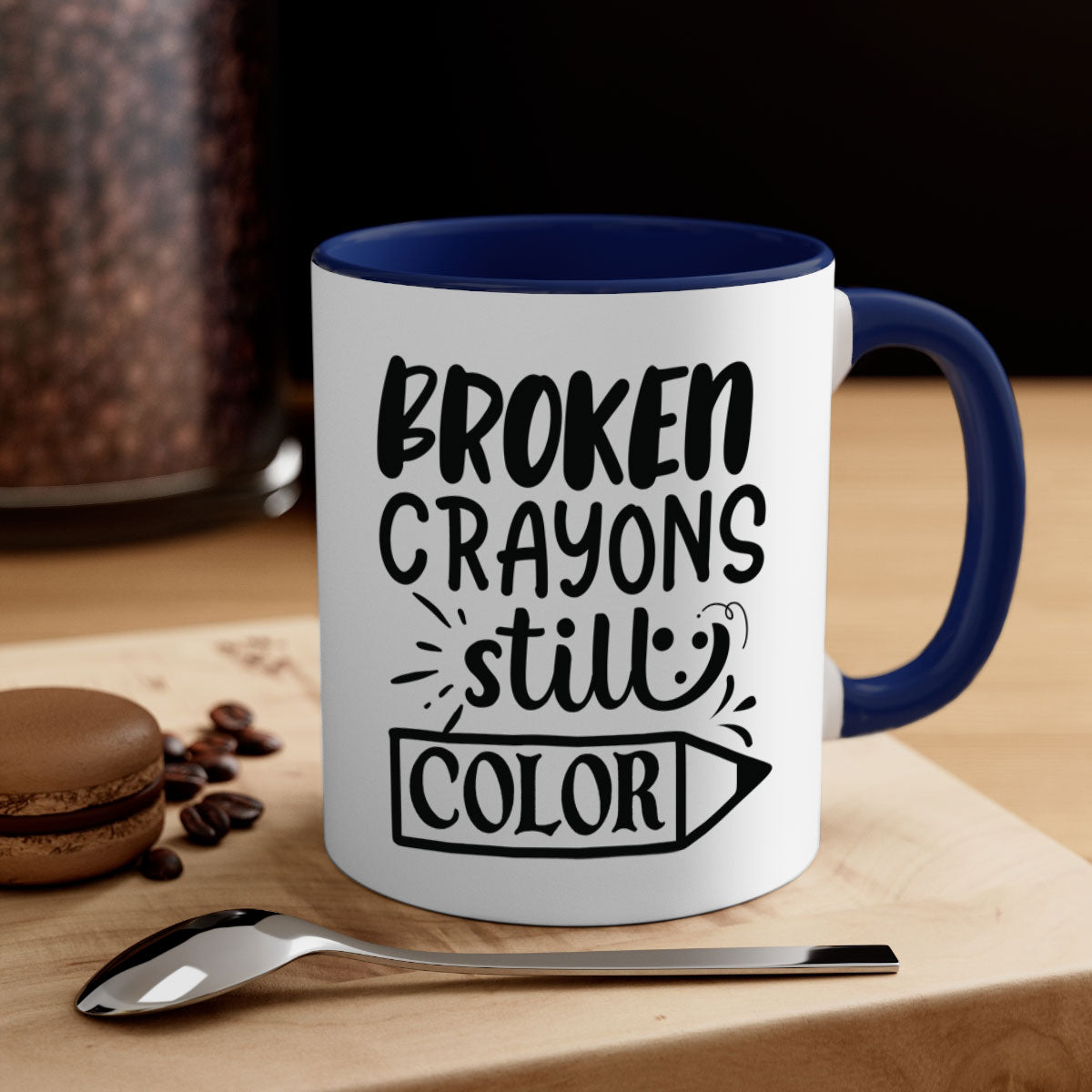 Broken Crayons Still Color Mug with colorful handle and glossy finish, available in multiple colors and sizes.