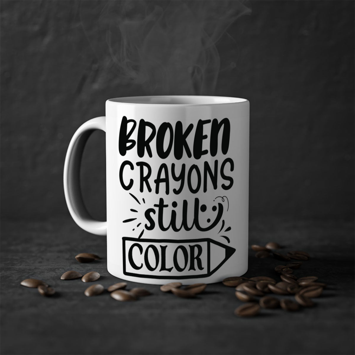 Broken Crayons Still Color Mug with colorful handle and glossy finish, available in multiple colors and sizes.