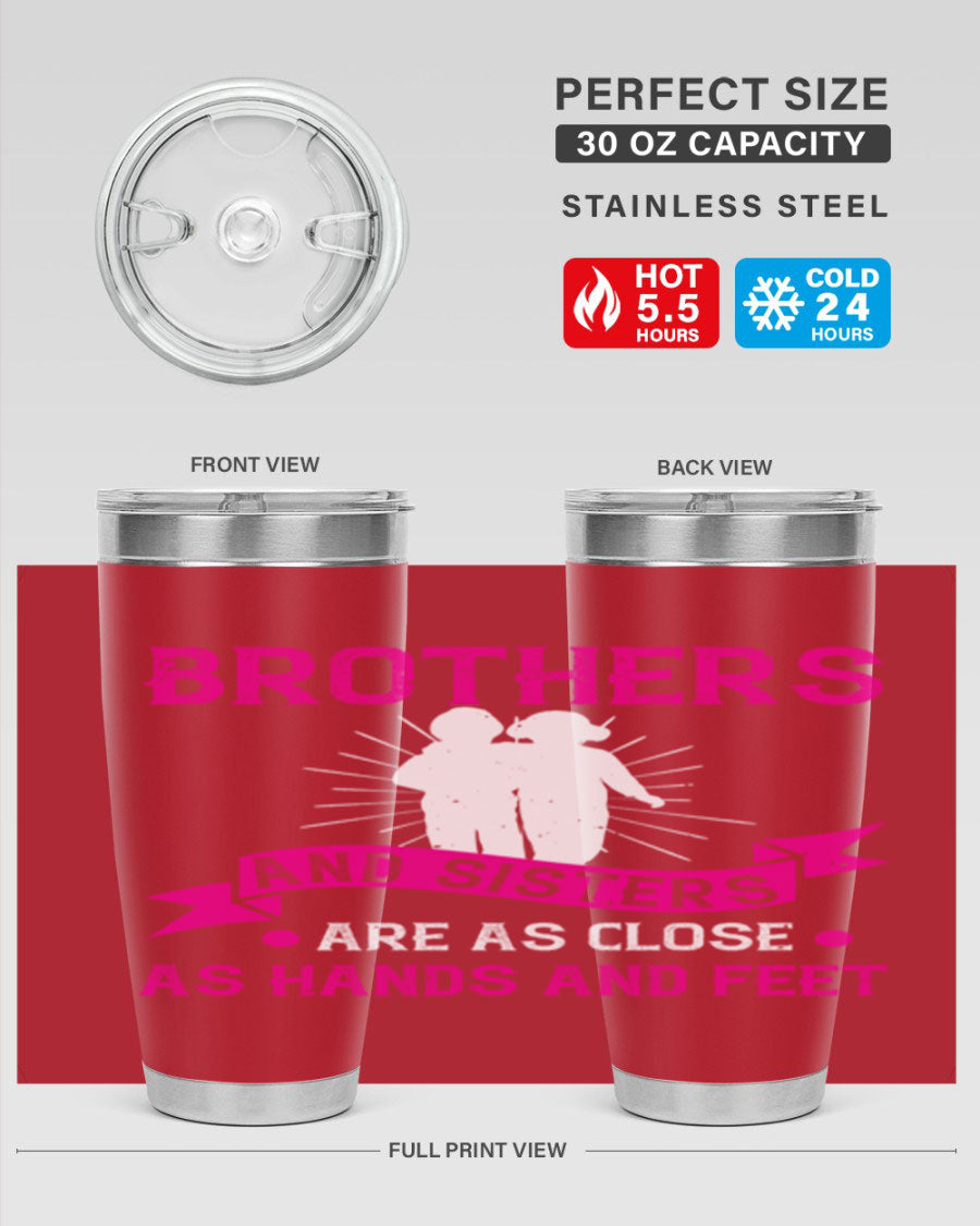20oz and 30oz stainless steel tumblers with a heartfelt sibling quote, showcasing their double wall vacuum design and drink-thru lid.