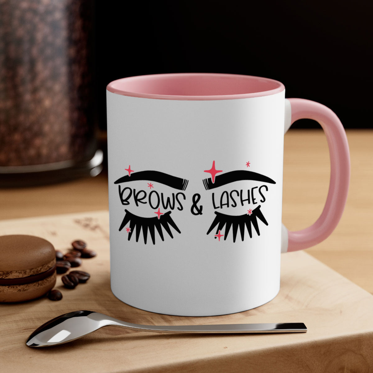 Brows Lashes Style 123# two-tone ceramic coffee mug with colored handle and glossy finish, available in multiple colors and sizes.
