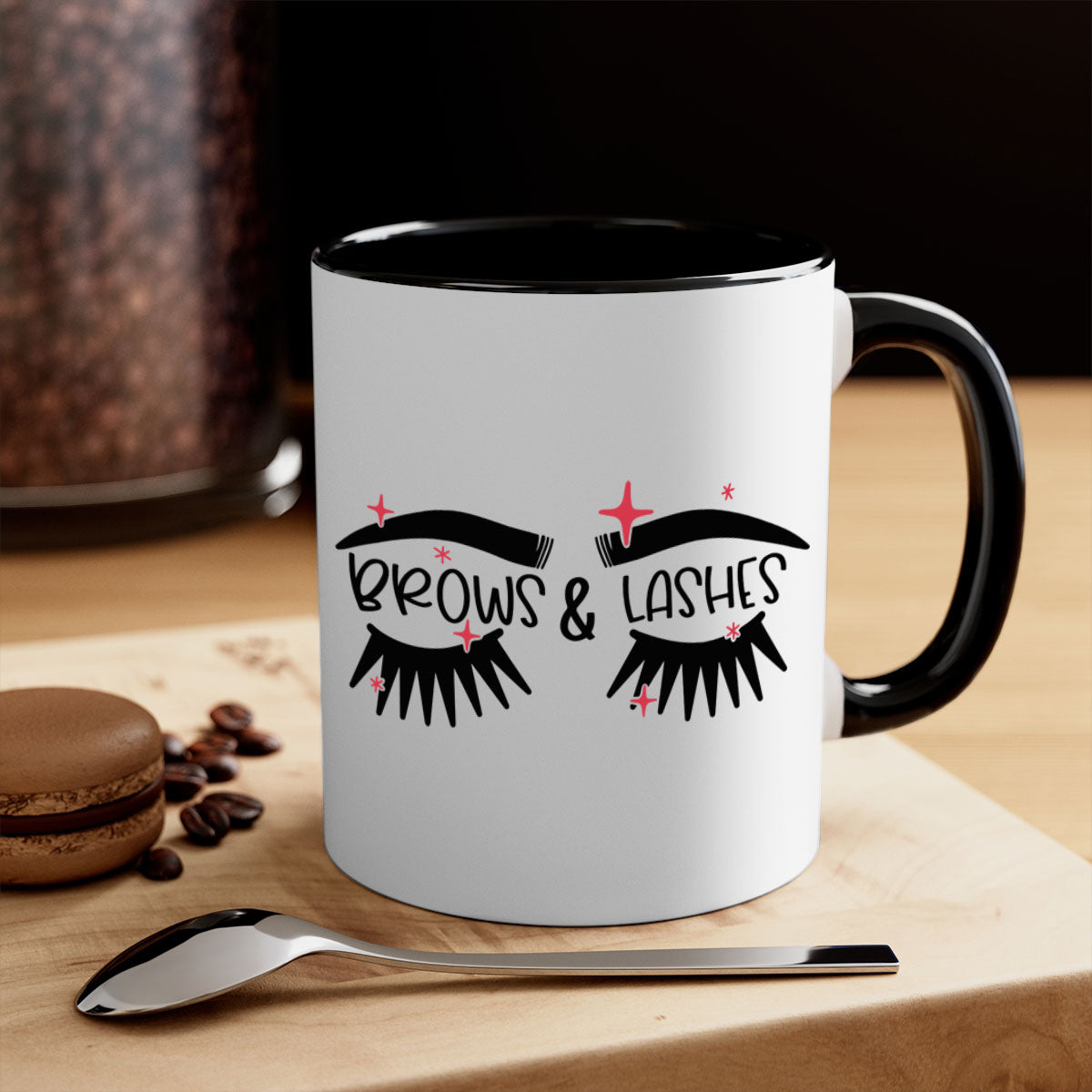 Brows Lashes Style 123# two-tone ceramic coffee mug with colored handle and glossy finish, available in multiple colors and sizes.