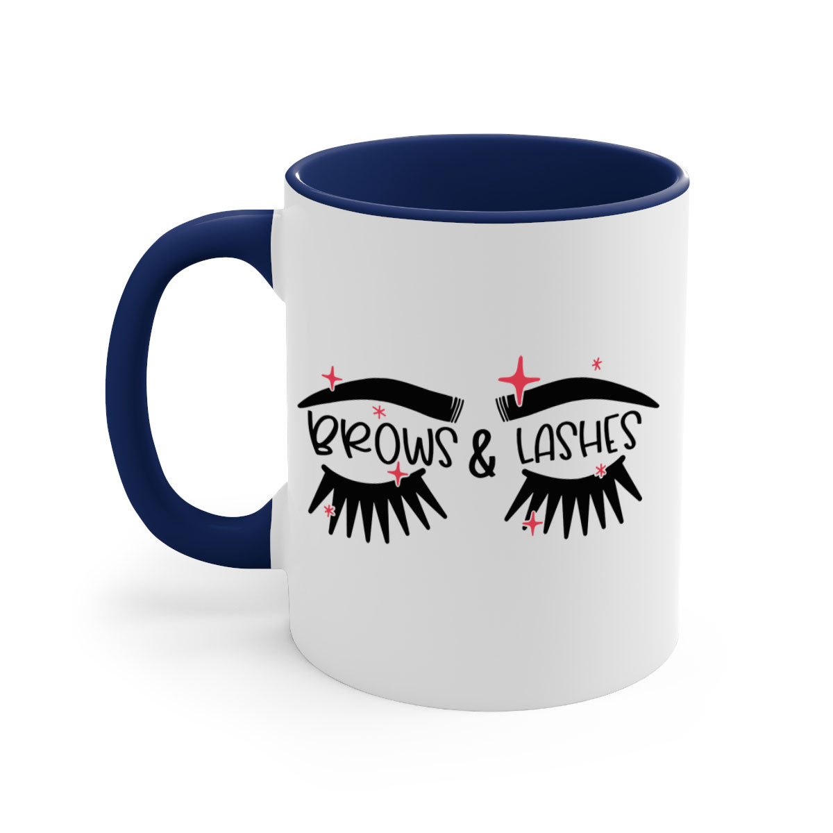 Brows Lashes Style 123# two-tone ceramic coffee mug with colored handle and glossy finish, available in multiple colors and sizes.