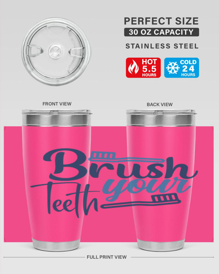 Brush Your Teeth 87# Tumbler in stainless steel with a drink-thru lid, showcasing its sleek design and double wall insulation.