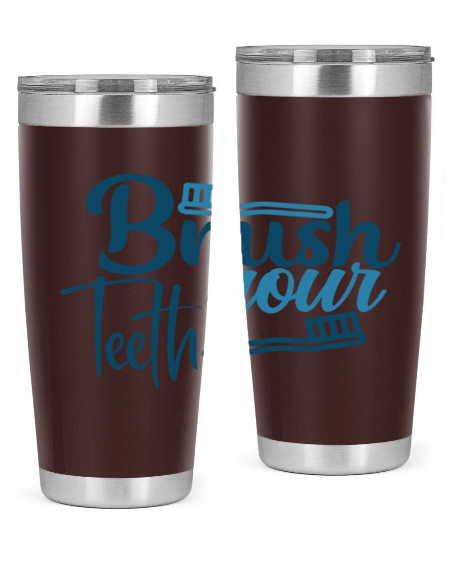 Brush Your Teeth 87# Tumbler in stainless steel with a drink-thru lid, showcasing its sleek design and double wall insulation.