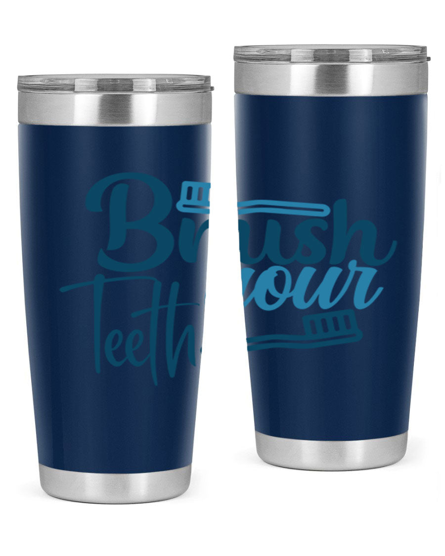 Brush Your Teeth 87# Tumbler in stainless steel with a drink-thru lid, showcasing its sleek design and double wall insulation.