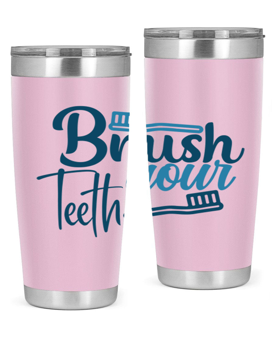 Brush Your Teeth 87# Tumbler in stainless steel with a drink-thru lid, showcasing its sleek design and double wall insulation.