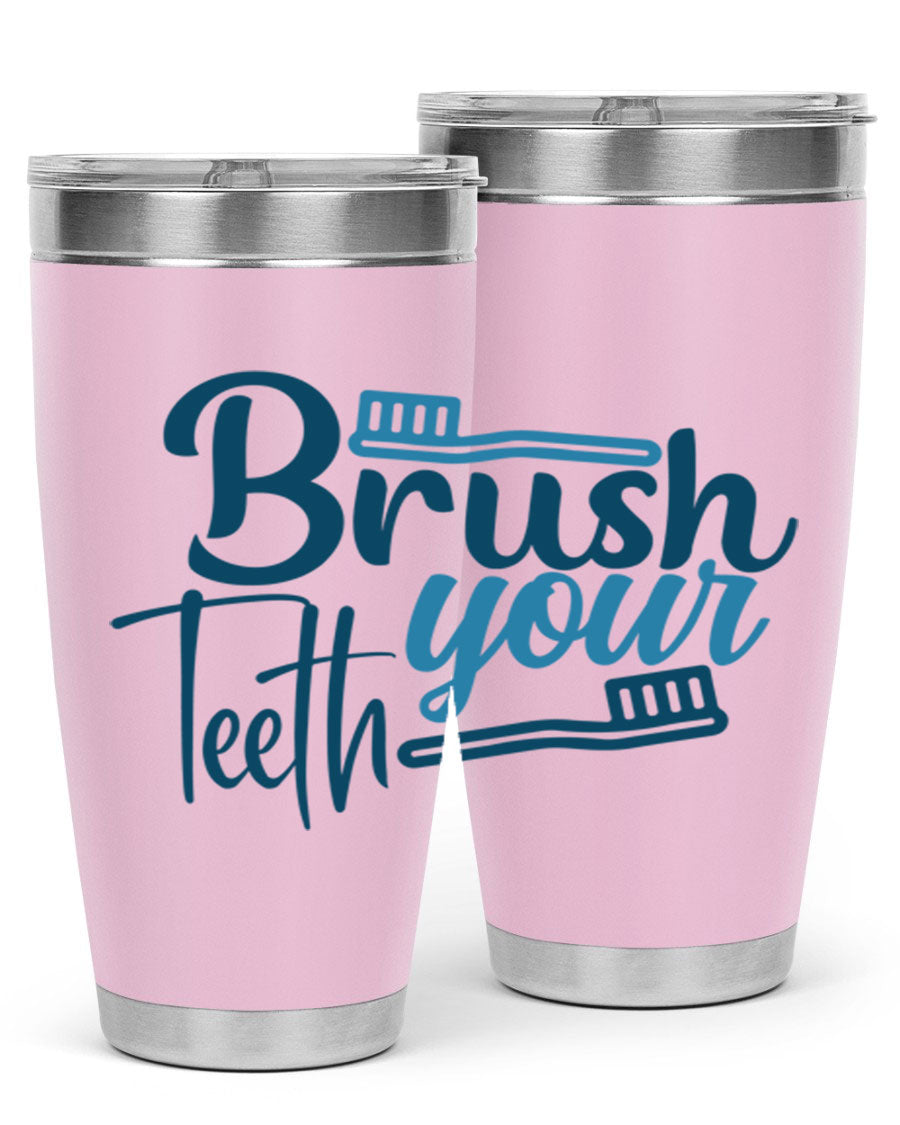 Brush Your Teeth 87# Tumbler in stainless steel with a drink-thru lid, showcasing its sleek design and double wall insulation.