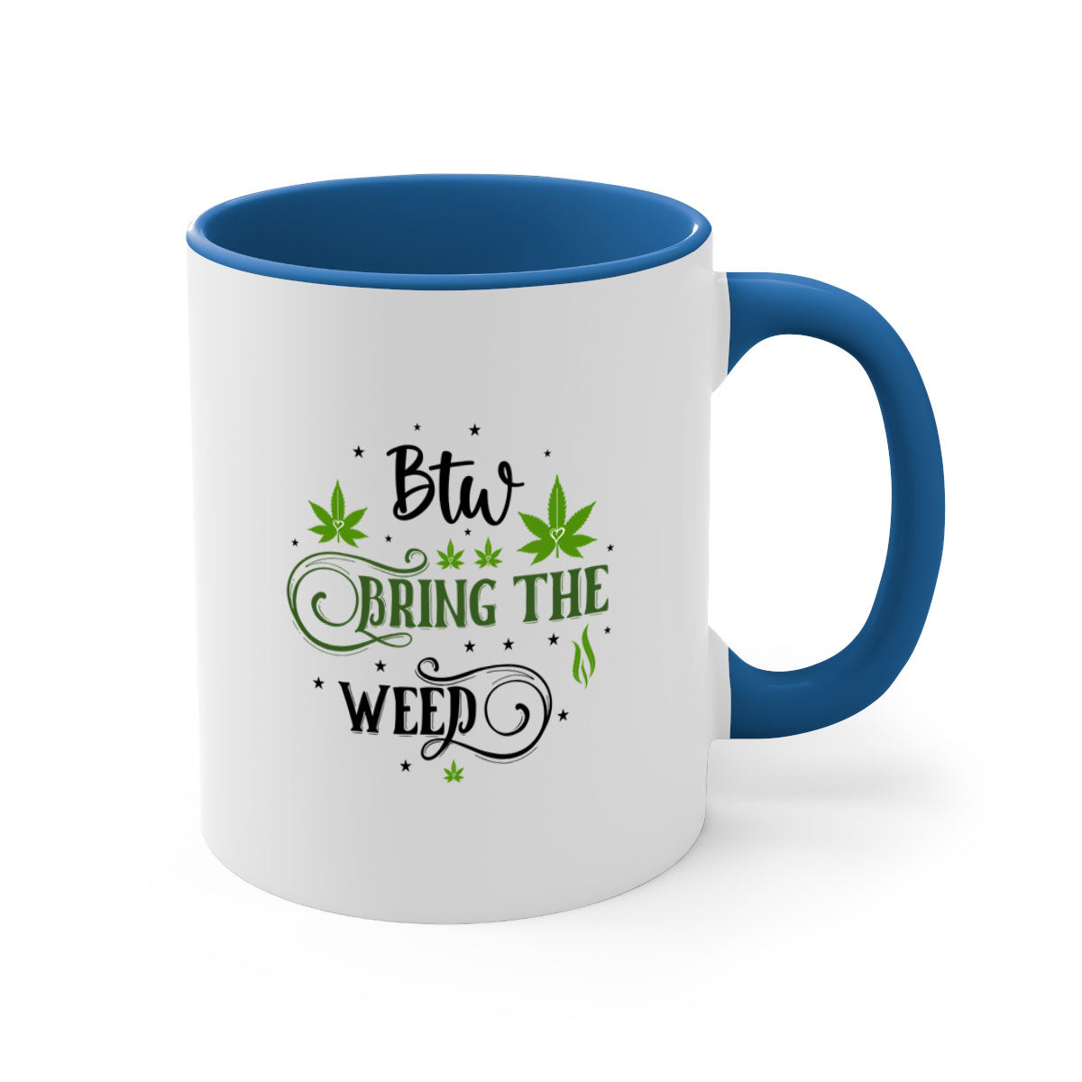 Btw Bring The Weed 23# Mug featuring a two-tone design with a colored handle and glossy finish, available in multiple colors.