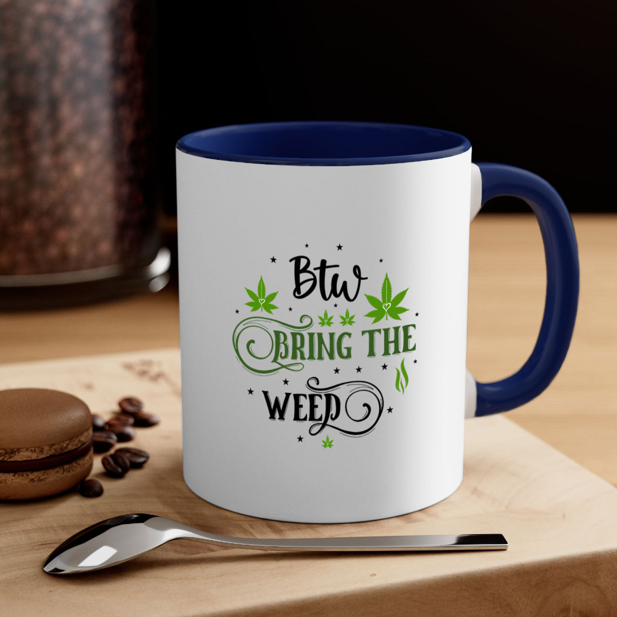 Btw Bring The Weed 23# Mug featuring a two-tone design with a colored handle and glossy finish, available in multiple colors.