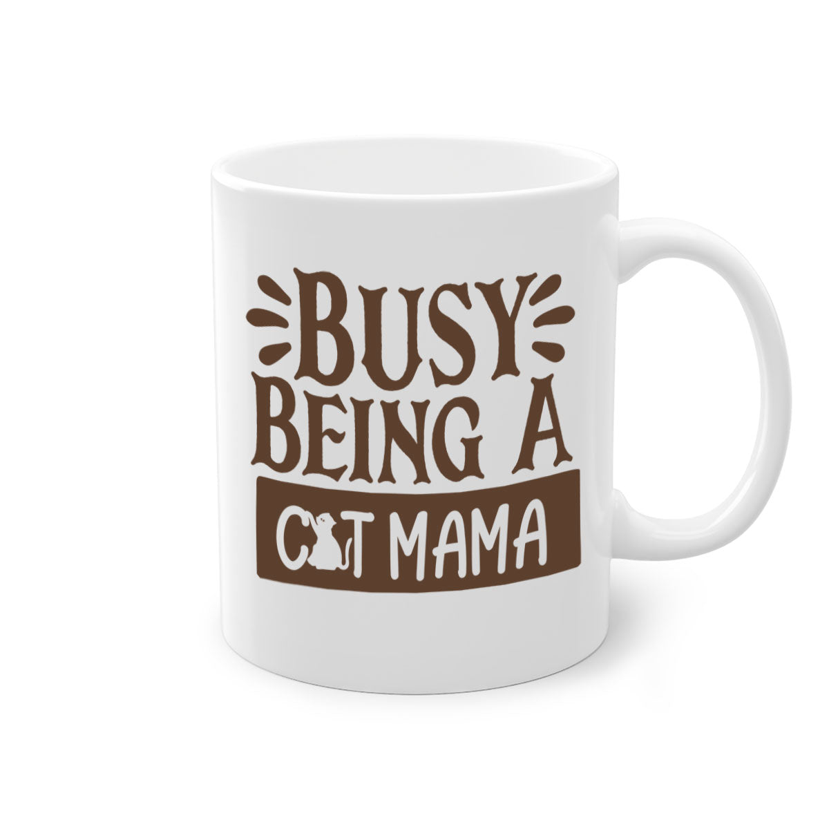 A two-tone ceramic mug with a colored handle and interior, featuring the phrase 'Busy Being A Cat Mama' in a stylish font.