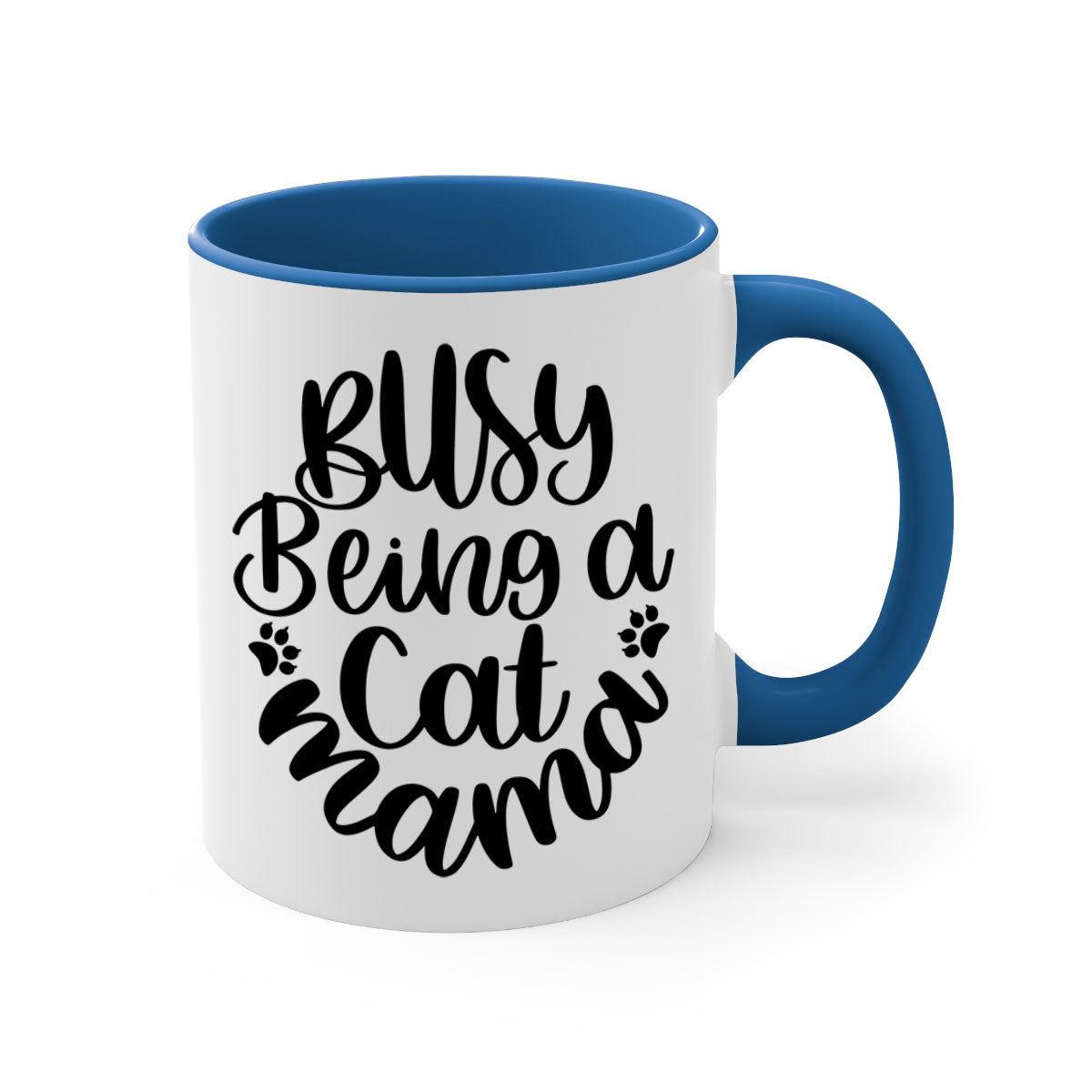 Busy Being A Cat Mama Mug with colorful handle and interior, showcasing a glossy finish and stylish design.