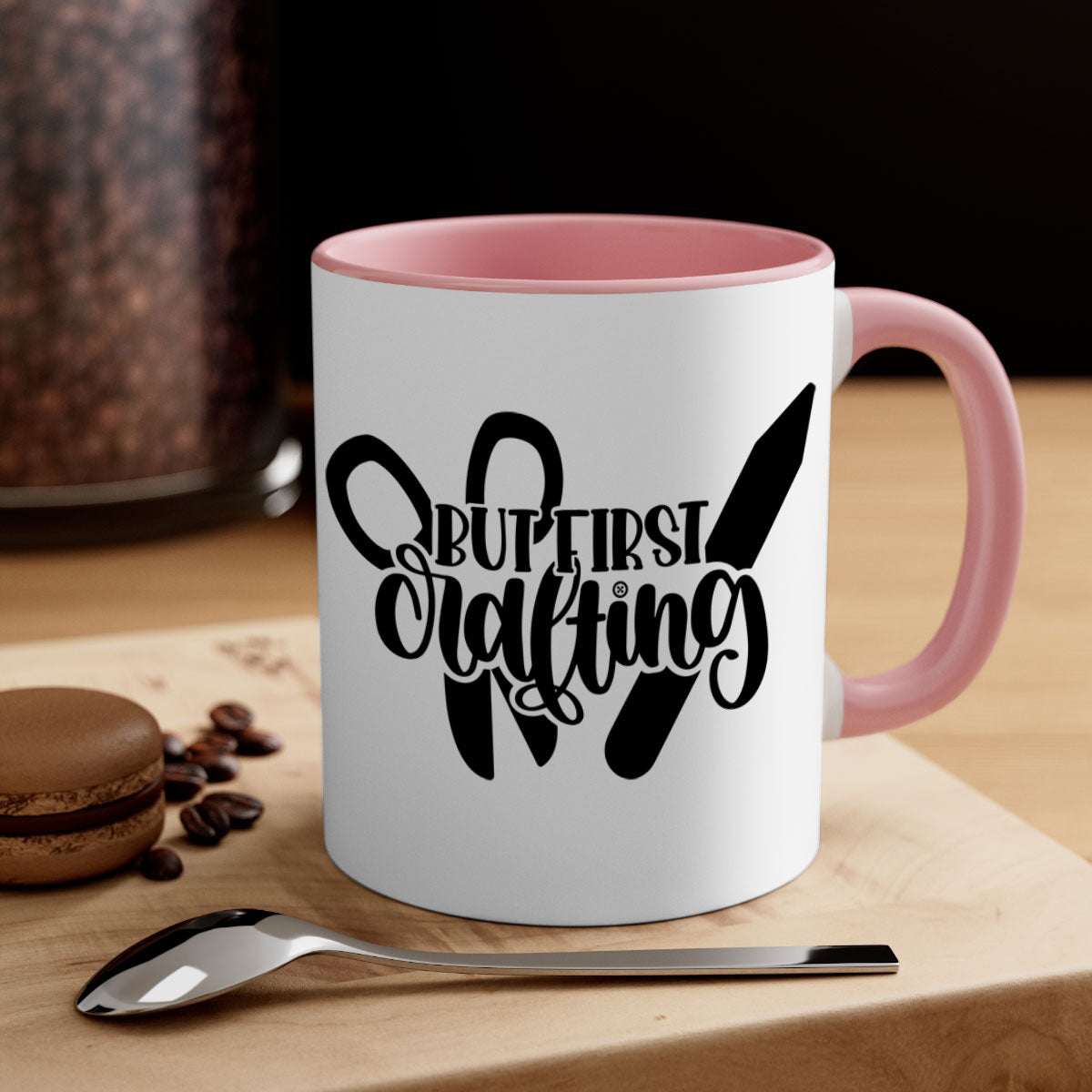 But First Crafting Mug with colored handle and glossy finish, available in multiple colors and sizes.