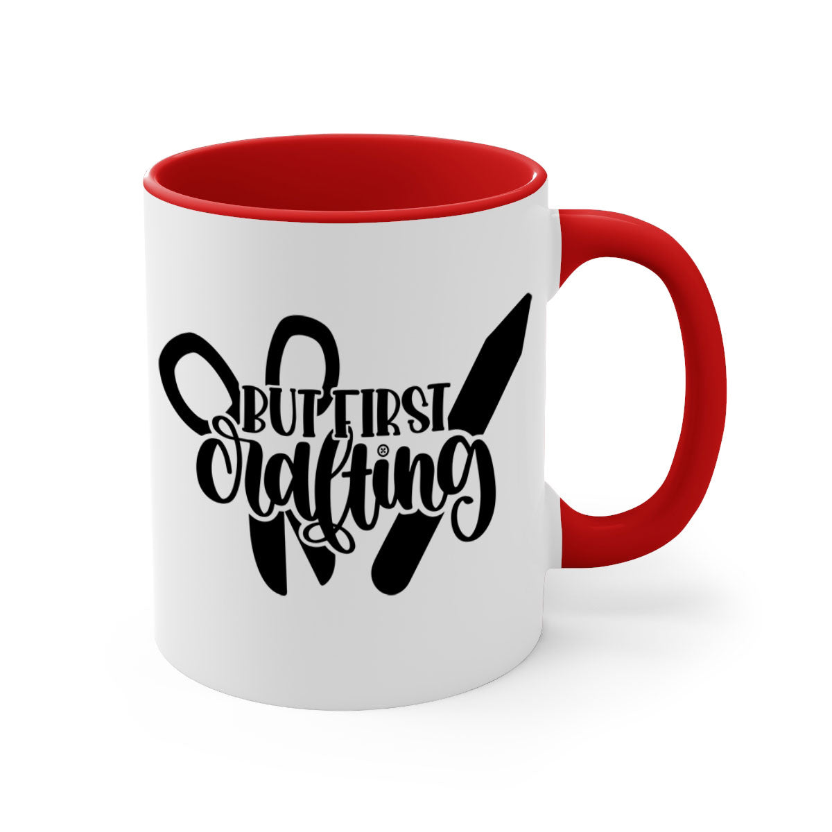 But First Crafting Mug with colored handle and glossy finish, available in multiple colors and sizes.