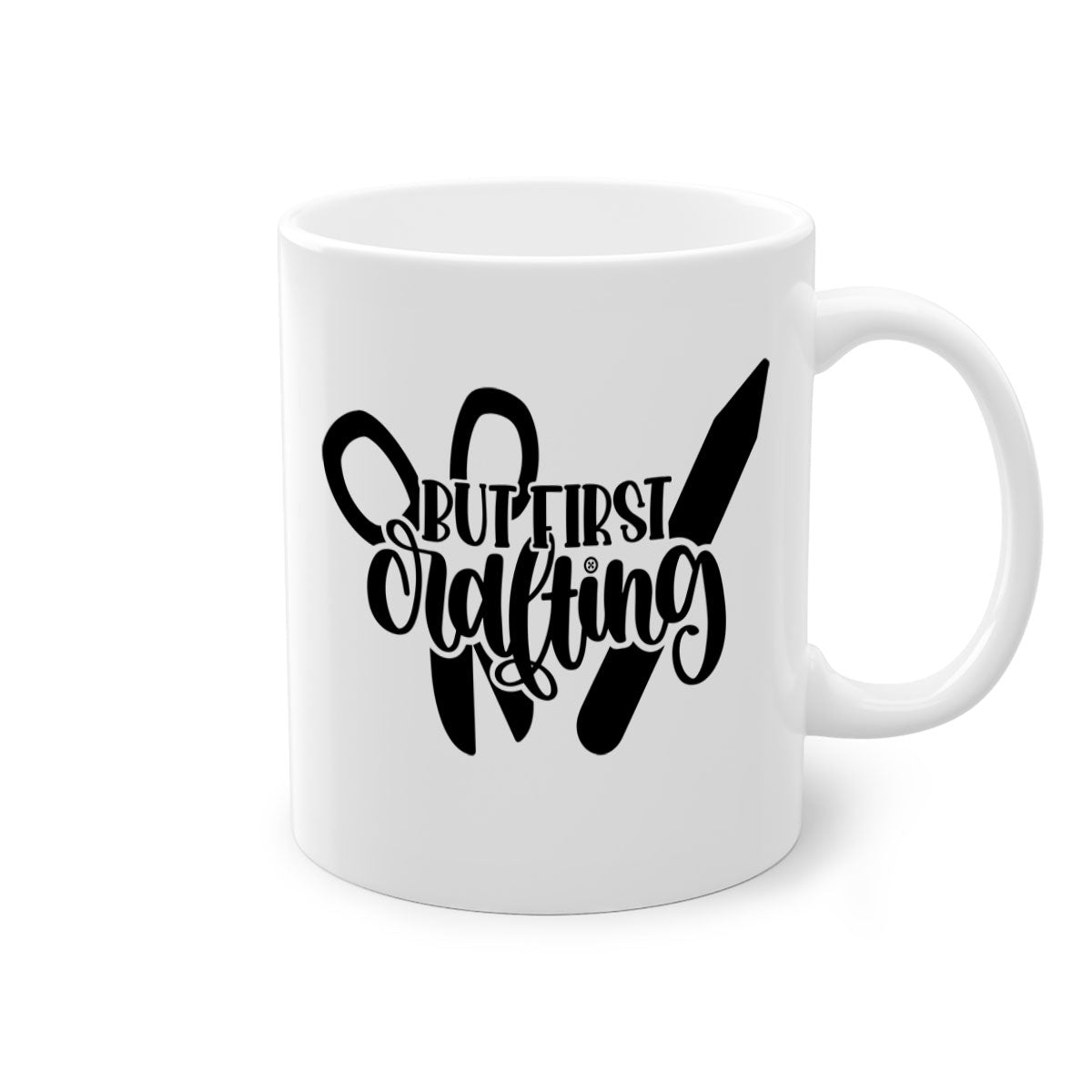 But First Crafting Mug with colored handle and glossy finish, available in multiple colors and sizes.