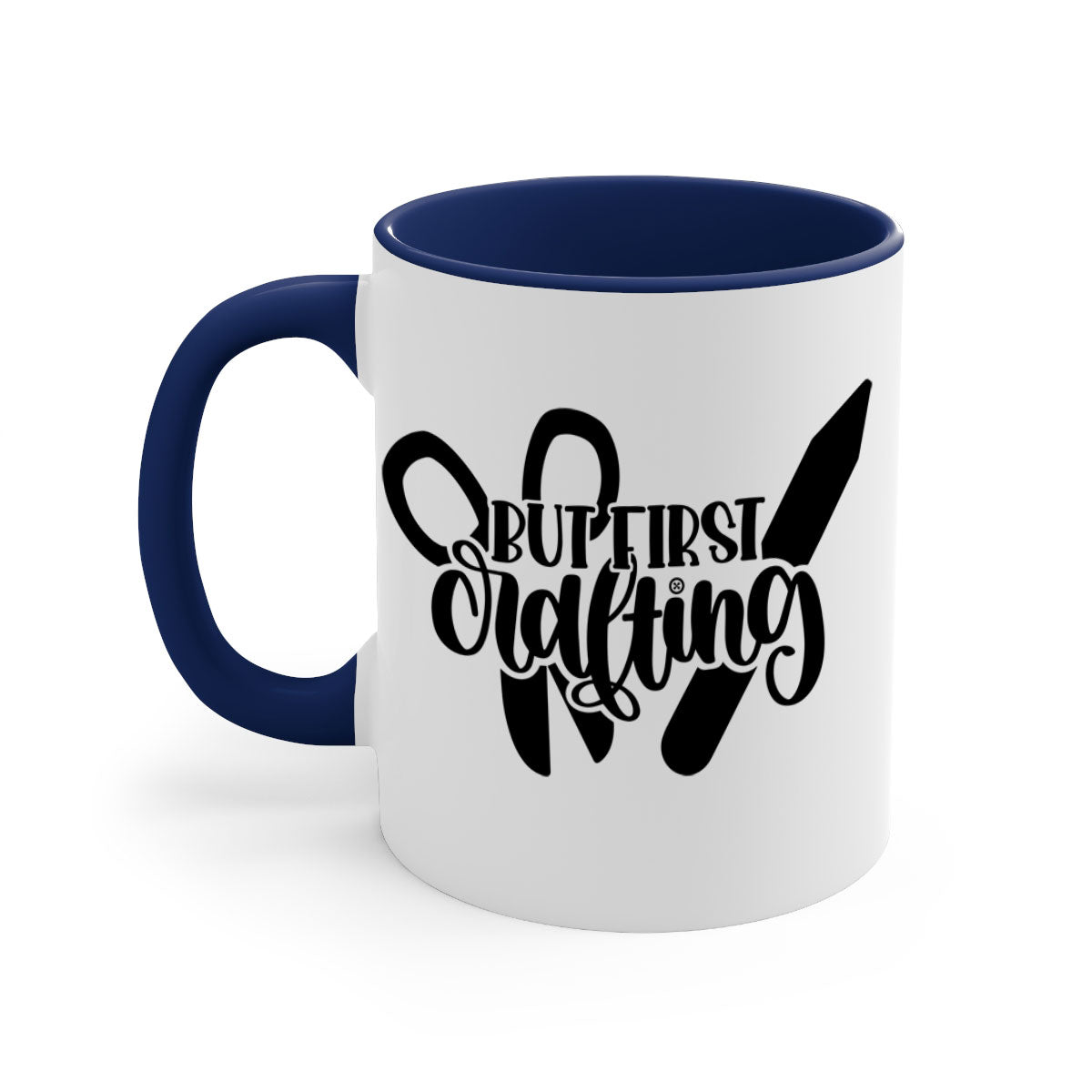 But First Crafting Mug with colored handle and glossy finish, available in multiple colors and sizes.