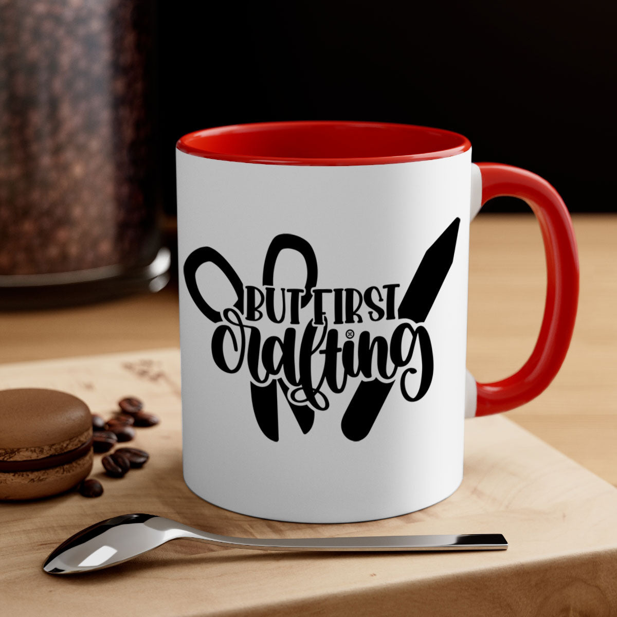 But First Crafting Mug with colored handle and glossy finish, available in multiple colors and sizes.