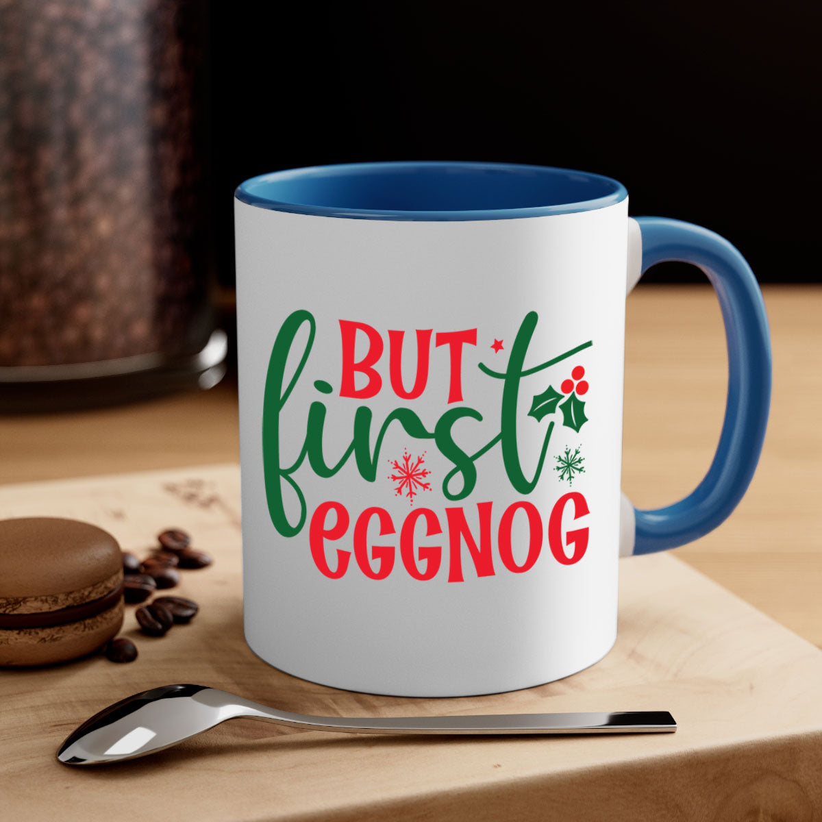 But First Eggnog Style Christmas Mug with a glossy finish and colorful handle, perfect for coffee or tea.
