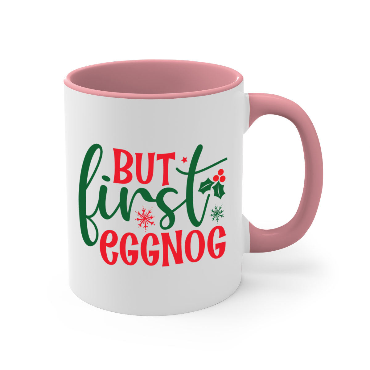 But First Eggnog Style Christmas Mug with a glossy finish and colorful handle, perfect for coffee or tea.