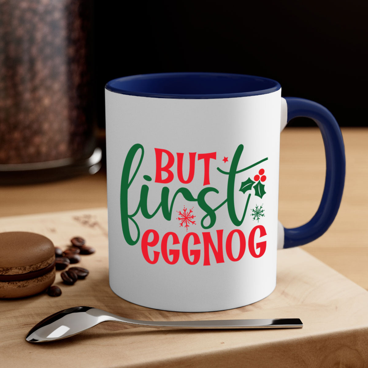 But First Eggnog Style Christmas Mug with a glossy finish and colorful handle, perfect for coffee or tea.