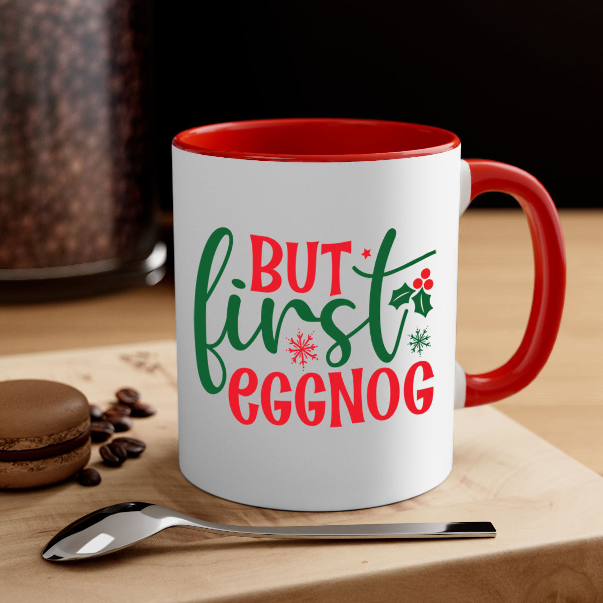 But First Eggnog Style Christmas Mug with a glossy finish and colorful handle, perfect for coffee or tea.