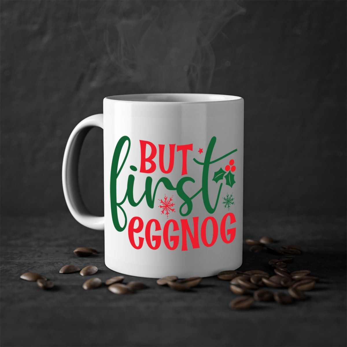 But First Eggnog Style Christmas Mug with a glossy finish and colorful handle, perfect for coffee or tea.