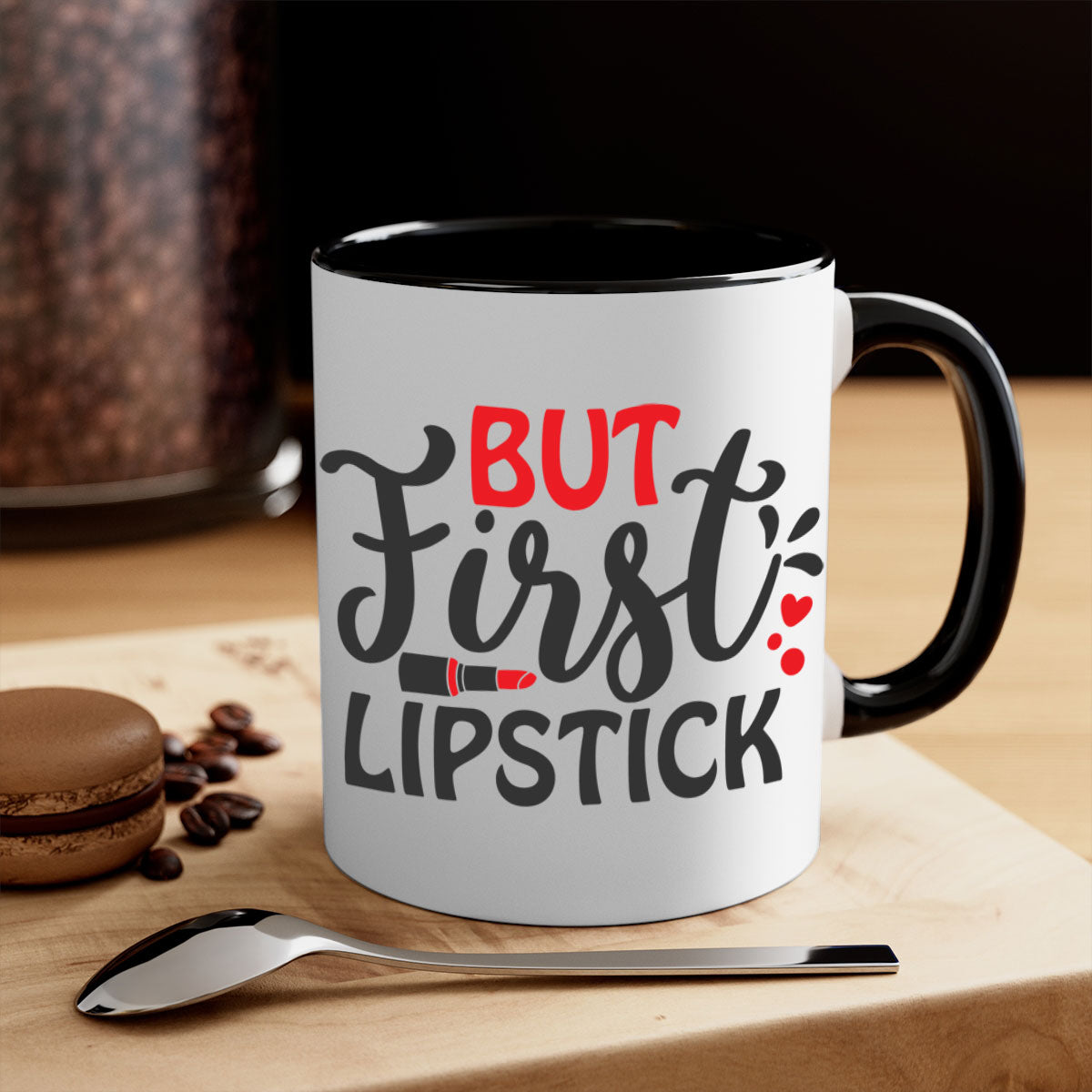 But First Lipstick Style 160# Mug with a glossy finish, featuring a colored handle and interior, available in multiple colors.