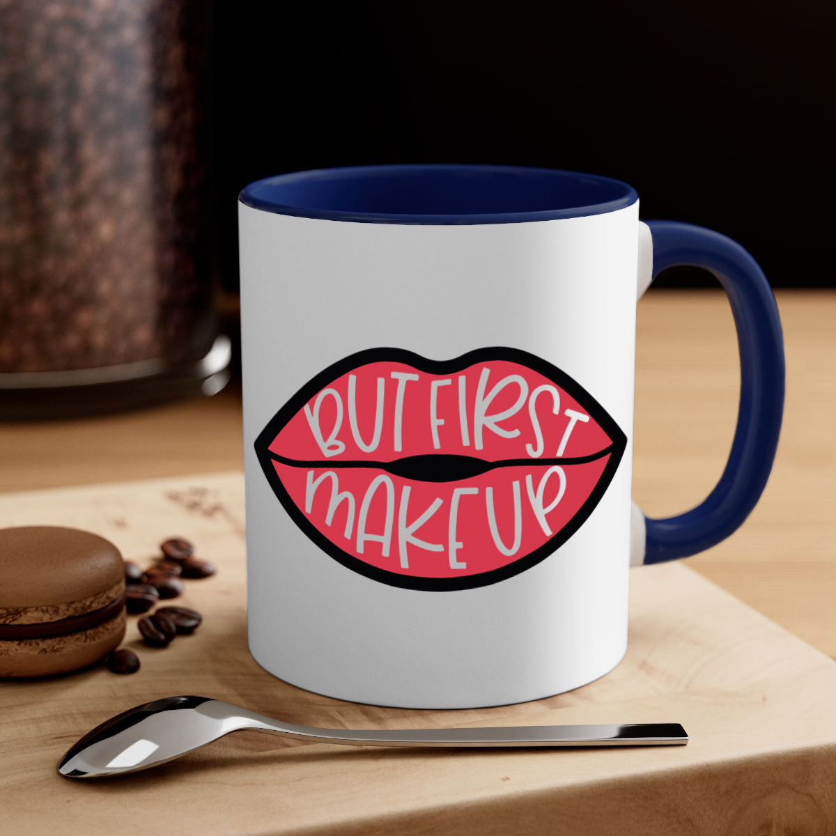 But First Makeup Style 116# Mug featuring a two-tone design with a colored handle and glossy finish, available in multiple colors.