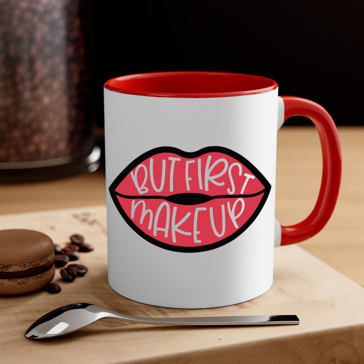 But First Makeup Style 116# Mug featuring a two-tone design with a colored handle and glossy finish, available in multiple colors.