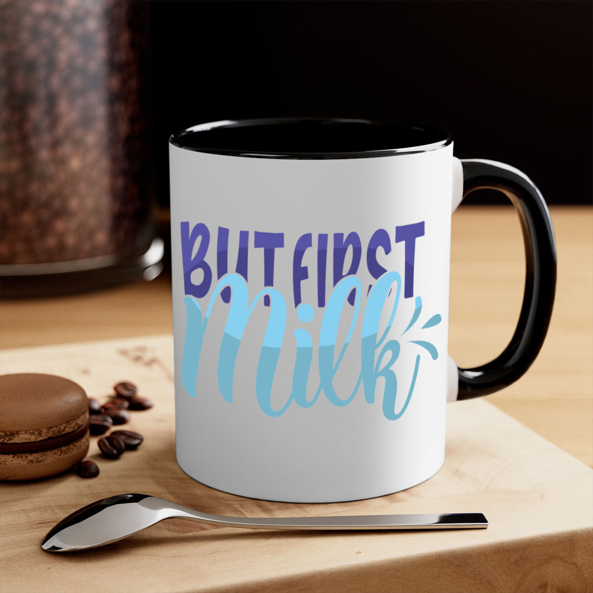 But First Milk Style 275# Mug in various colors with glossy finish and C-shaped handle.