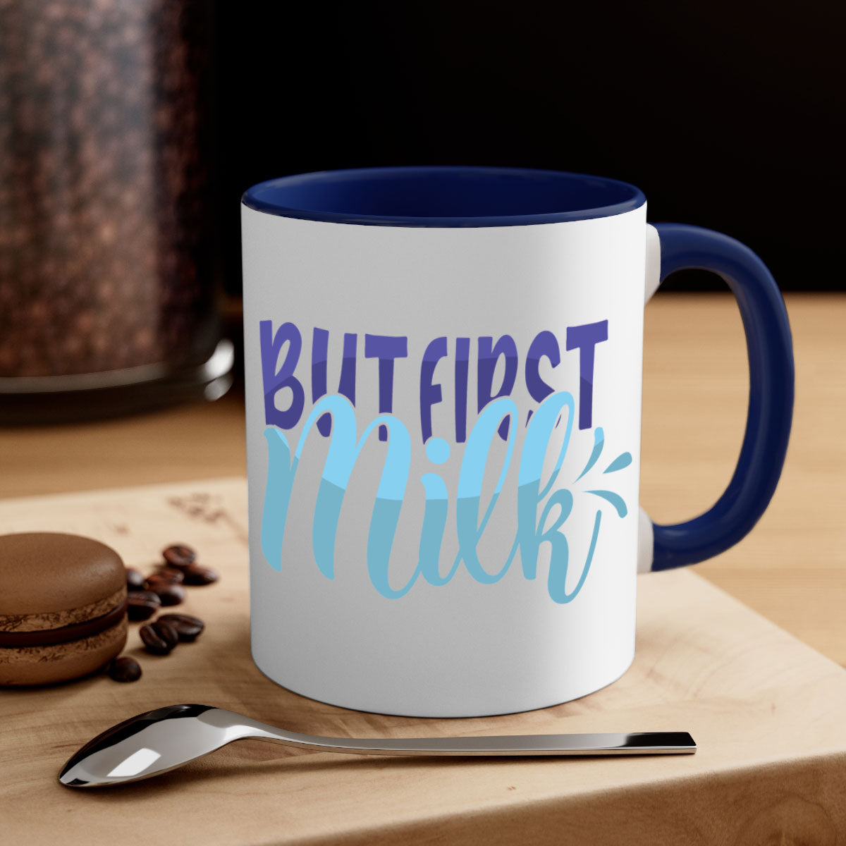 But First Milk Style 275# Mug in various colors with glossy finish and C-shaped handle.