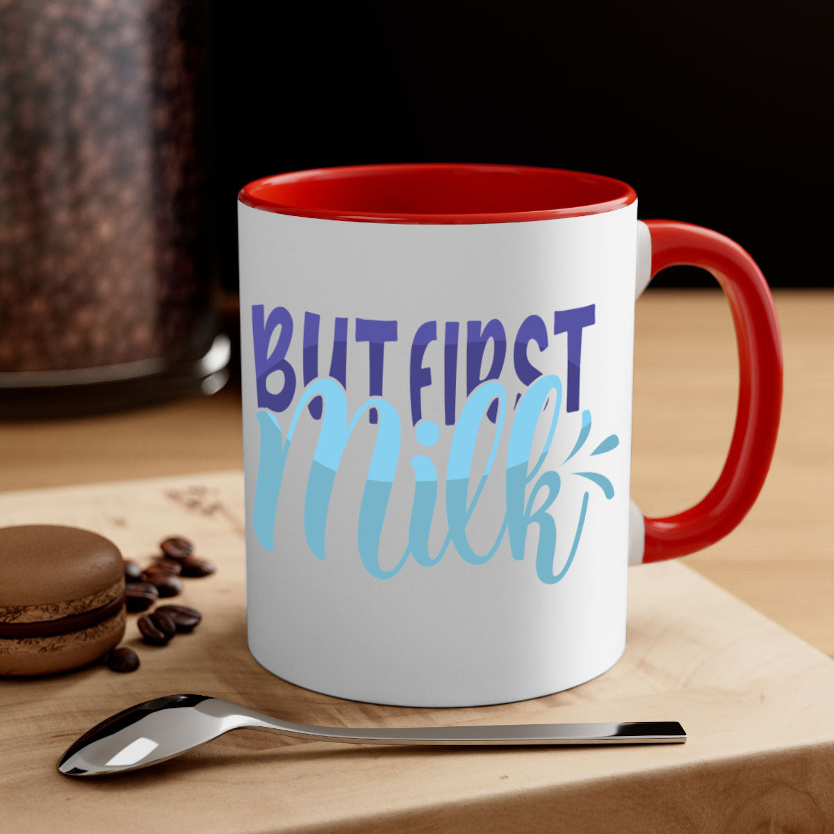 But First Milk Style 275# Mug in various colors with glossy finish and C-shaped handle.