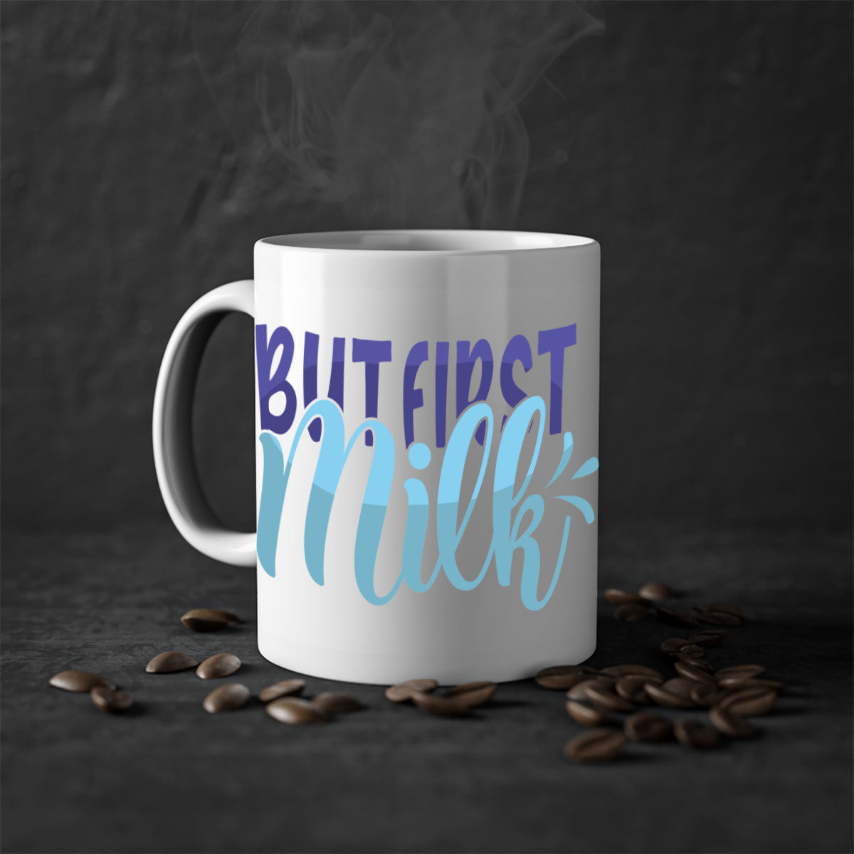 But First Milk Style 275# Mug in various colors with glossy finish and C-shaped handle.
