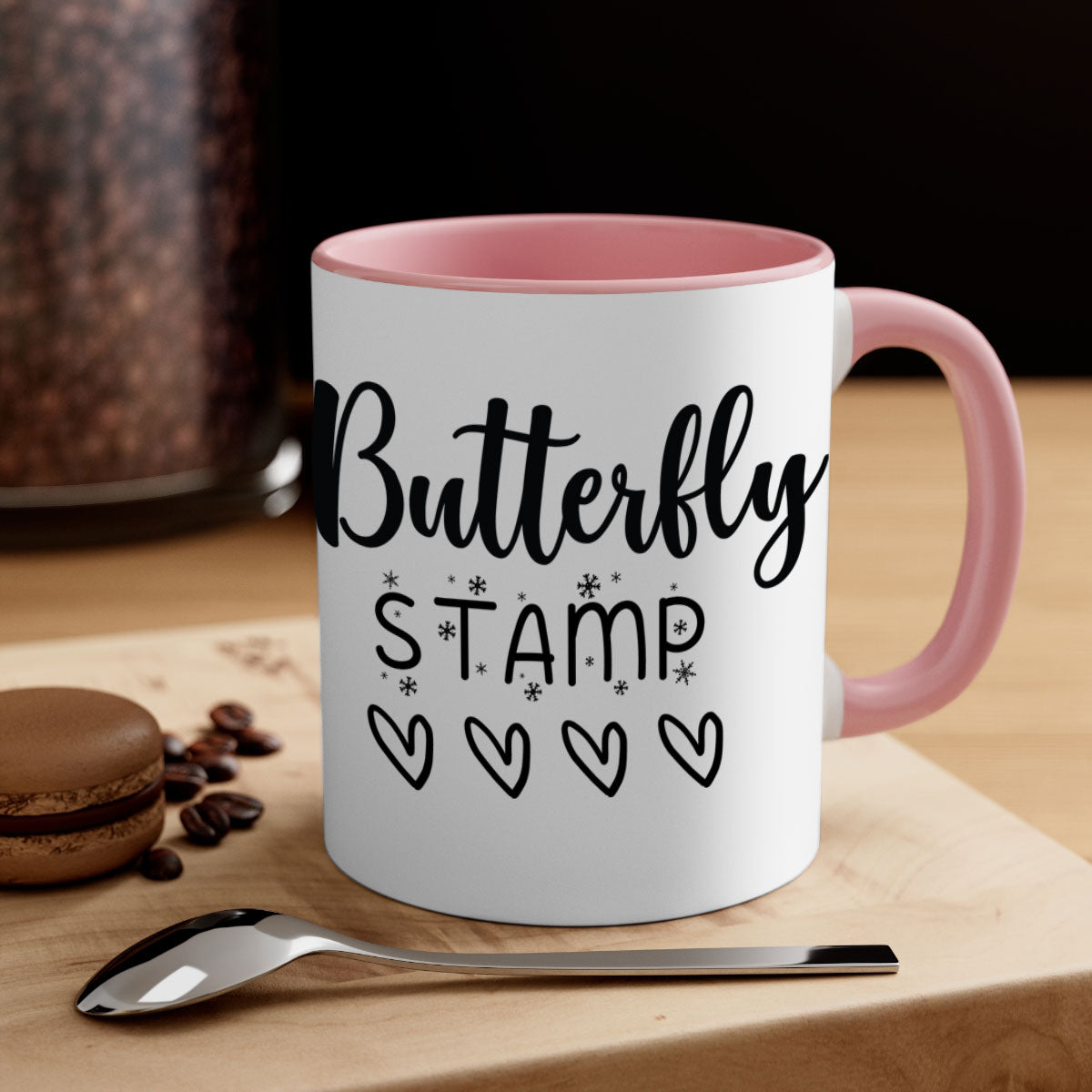 Butterfly stamp style 84# Christmas mug with colorful handle and glossy finish, available in multiple colors.