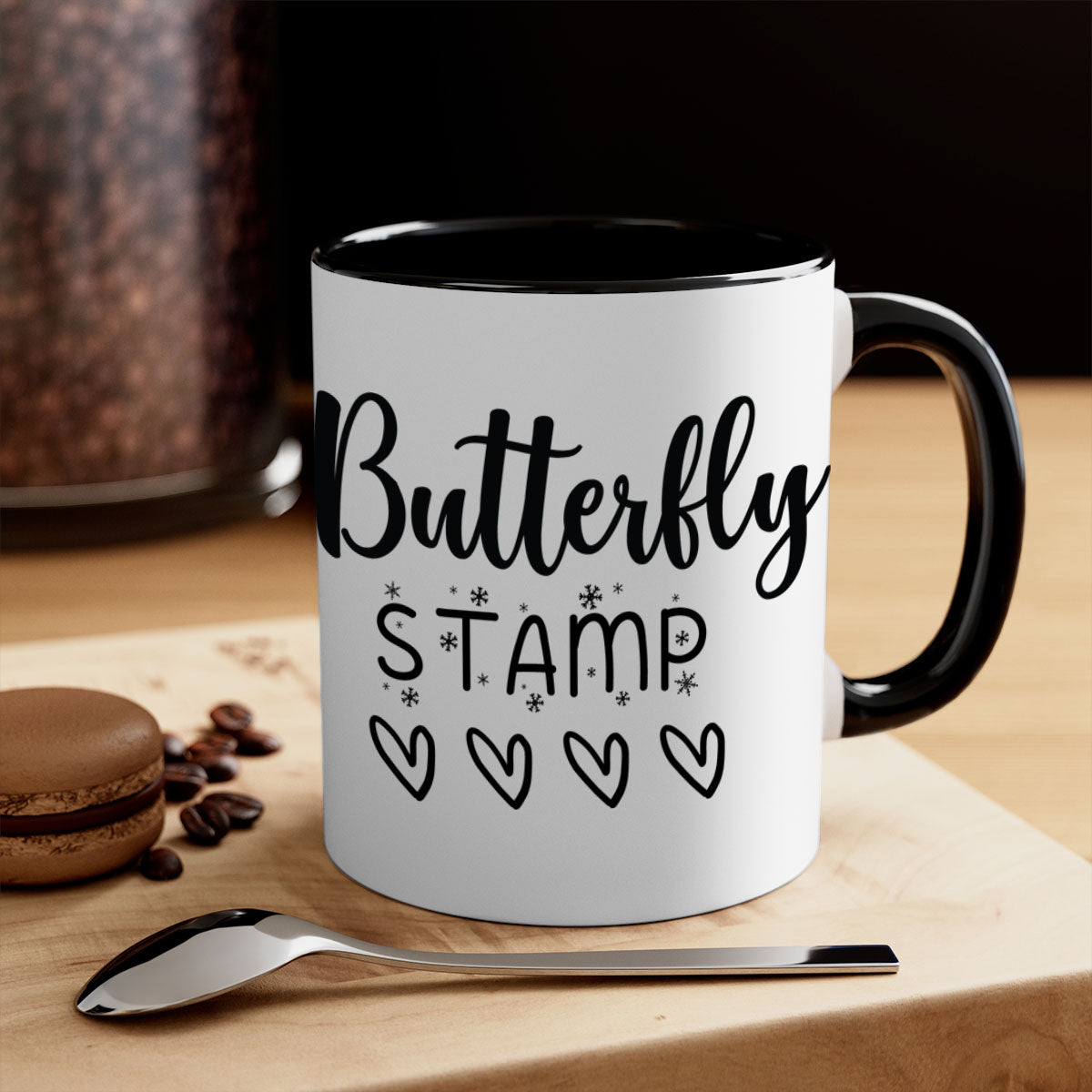 Butterfly stamp style 84# Christmas mug with colorful handle and glossy finish, available in multiple colors.