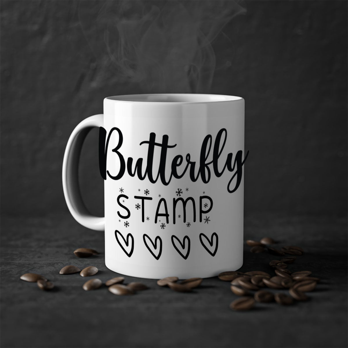 Butterfly stamp style 84# Christmas mug with colorful handle and glossy finish, available in multiple colors.