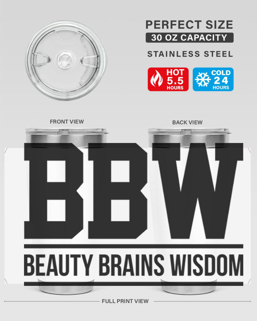 A stylish bbw beauty brains wisdom 263# Cotton Tank featuring bold black words and phrases, perfect for casual wear.